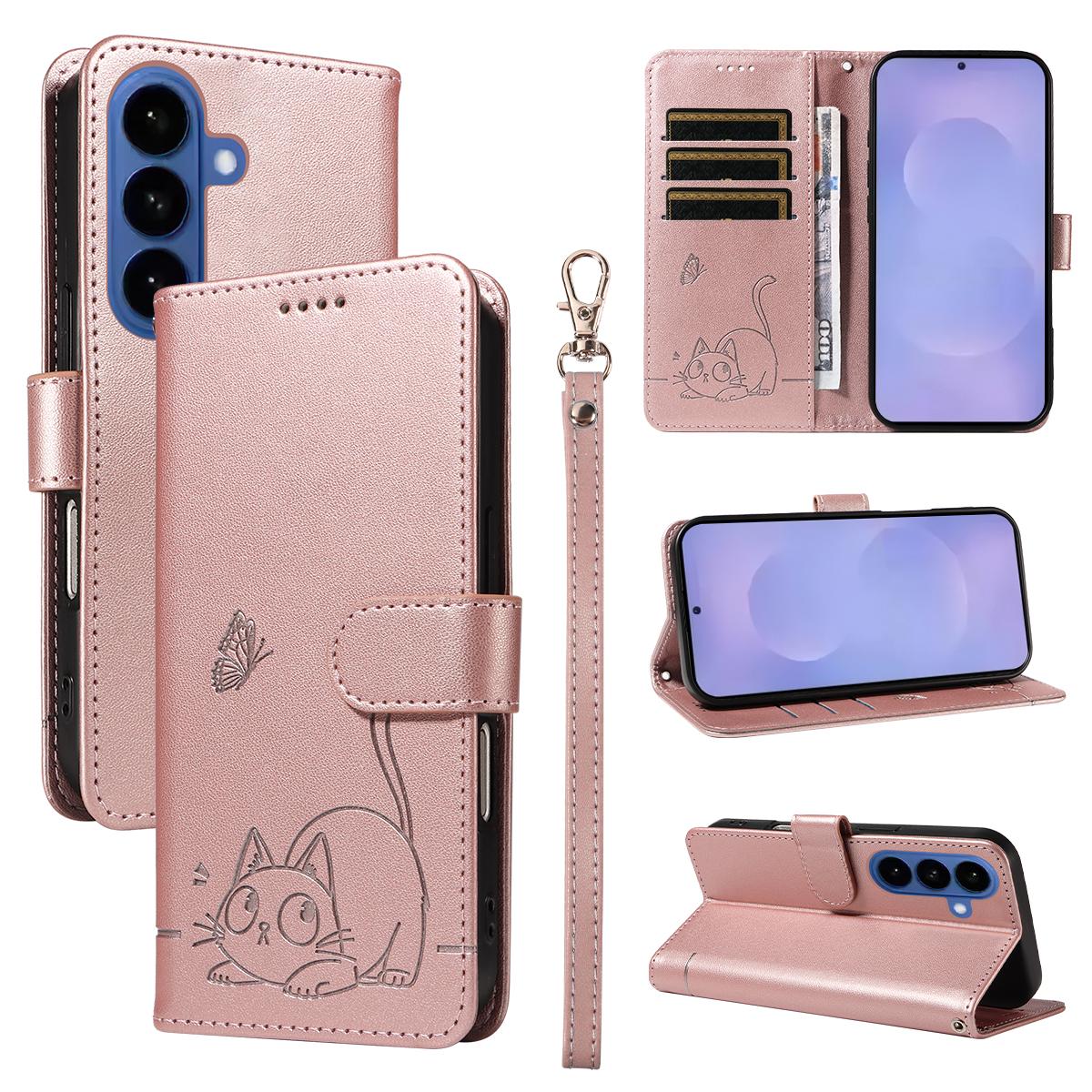 For Samsung Galaxy S26+ Case Cat Pattern Imprint Leather Phone Cover with Wrist Strap
