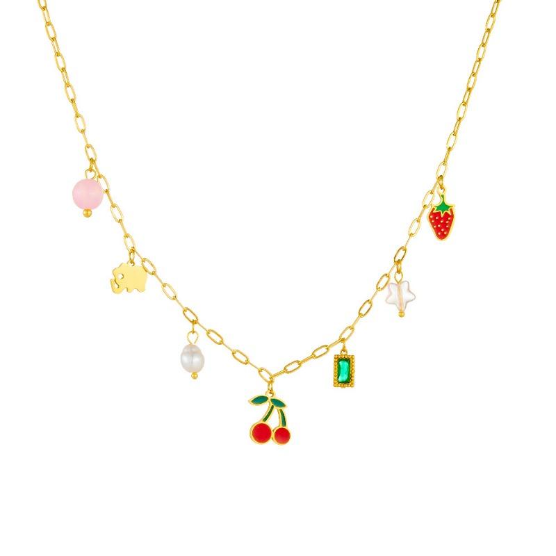 Gold Fruit Charm Necklace, Cherry Strawberry Elephant Pendant Necklace, Cute Dainty Jewelry for Women Daily Wear Gift