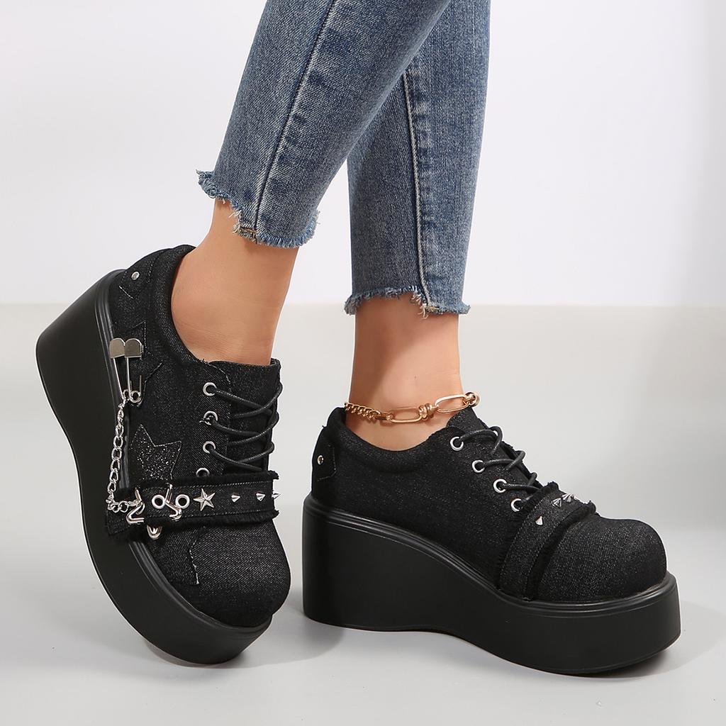 Fashion Women Sneakers Punk Metal Chain Chunky Ankle Boots Thick Heel Bottom Denim Sneakers Woman Fashion Platform Gothic Lolita Shoes