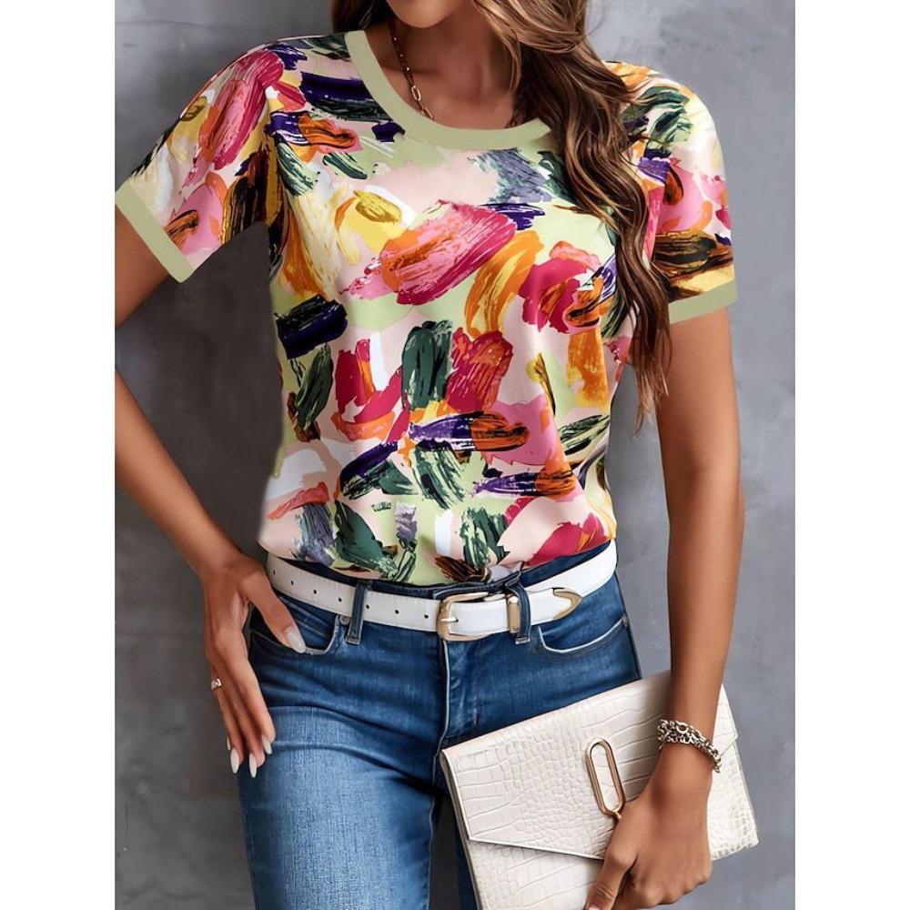 Camiseta de Verano para Mujer con Estampado 3D Cuello Redondo Moda Versátil Transpirable Tendencia Casual