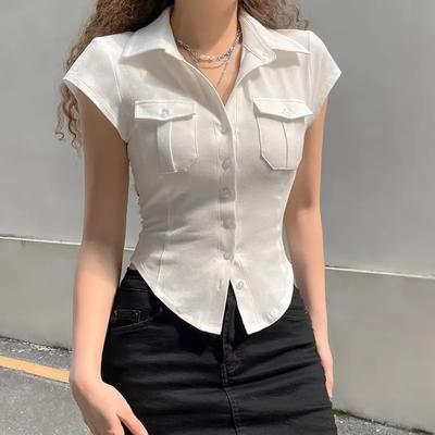 Double Pocket POLO Collar Short Sleeved Women'S New Curved Hem Irregular Top Single Breasted T-Shirt