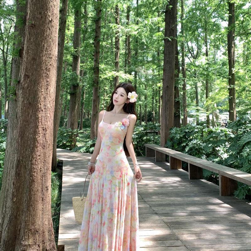 Coffee Break French Retro Oil Painting Floral Suspender Dress Seaside Vacation Waist Hip Beach Dress S