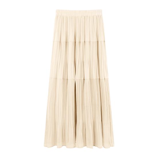 Women Maxi Skirt Elastic High Waist Flowy Hem Long Skirt Solid Color Splicing Design Slimming Skirt Daily Wear