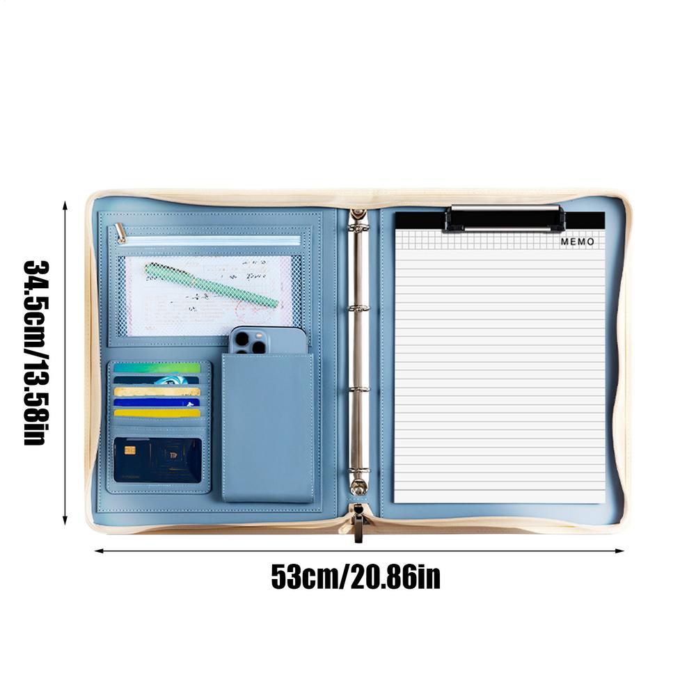 Multifunctional Leather Folder Large capacity zipper file bag clutch PU briefcase with A4 notepad and binder Travel storage bag