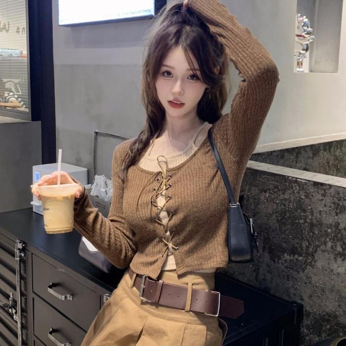 Pure Desire Hot Girl Short Fake Two-piece Top Women's Fashionable Autumn Women's Clothes Slimming American Retro Bottoming