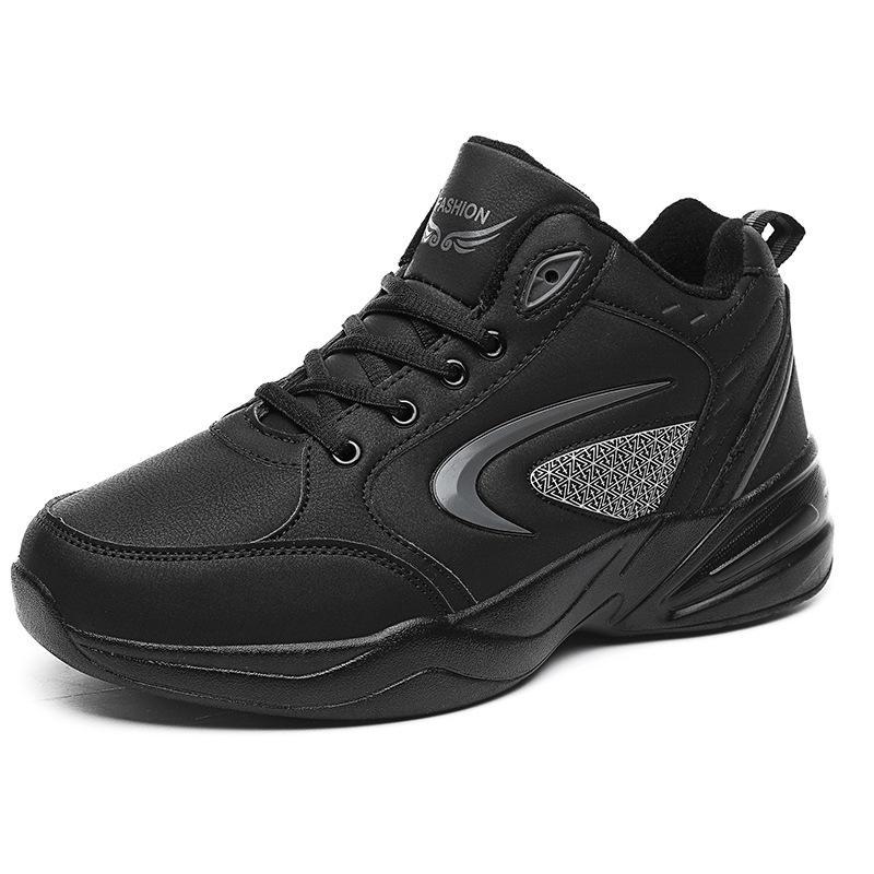 Pánské nepromokavé kožené černé sportovní boty – 2024 podzim/zima, protiskluzové, plus sametové, neformální tatínkové boty