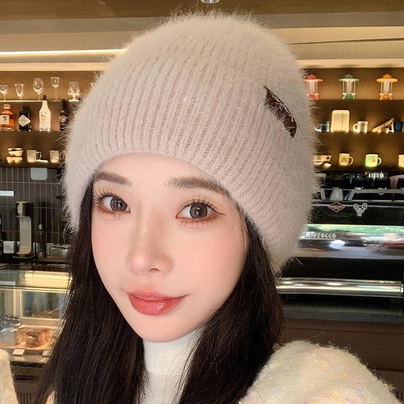 

Осенне-зимняя кожаная вязаная шапка с большой головой, утолщенная теплая вязаная шапка, корейский стиль Ins, однотонная студенческая шапка розовый