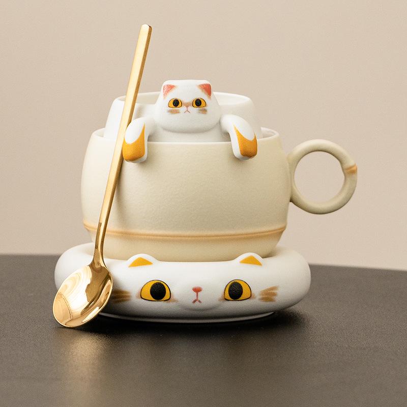 Cat-Themed Ceramic Coffee Mug & Saucer Set for Women