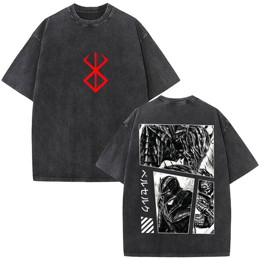Unisex Washed Anime Berserk Guts T-shirts Swordsman Gatsu Sacrifice Zodd Cosplay T Shirt Oversized Cotton Vintage T Shirts Streetwear