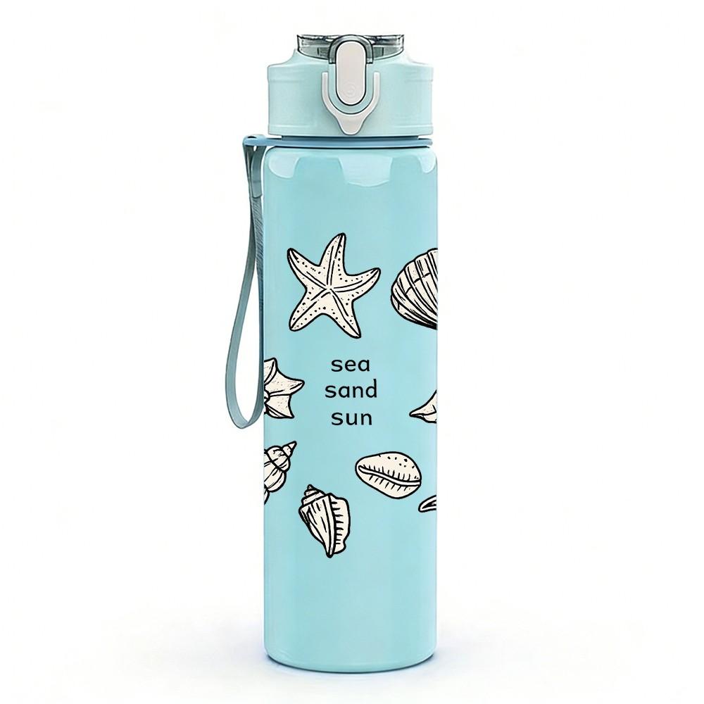 1PC Seashell Starfish Beach Ocean Print 750ml Color Plastic Sports Water Bottle Leakproof Flip Straw Lid Suitable for Sports Office Home Use