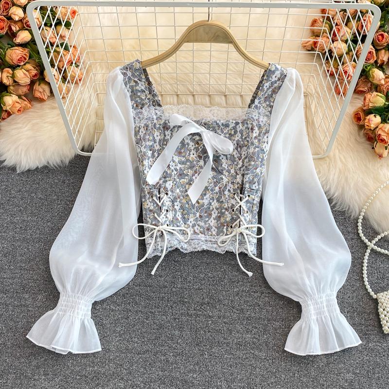 

Літні модні сітчасті блузки з квітковим принтом Жіночі сорочки в стилі печворк Вінтажні бандажні тонкі жіночі елегантні готичні мереживні топи Офісні One Size сірий