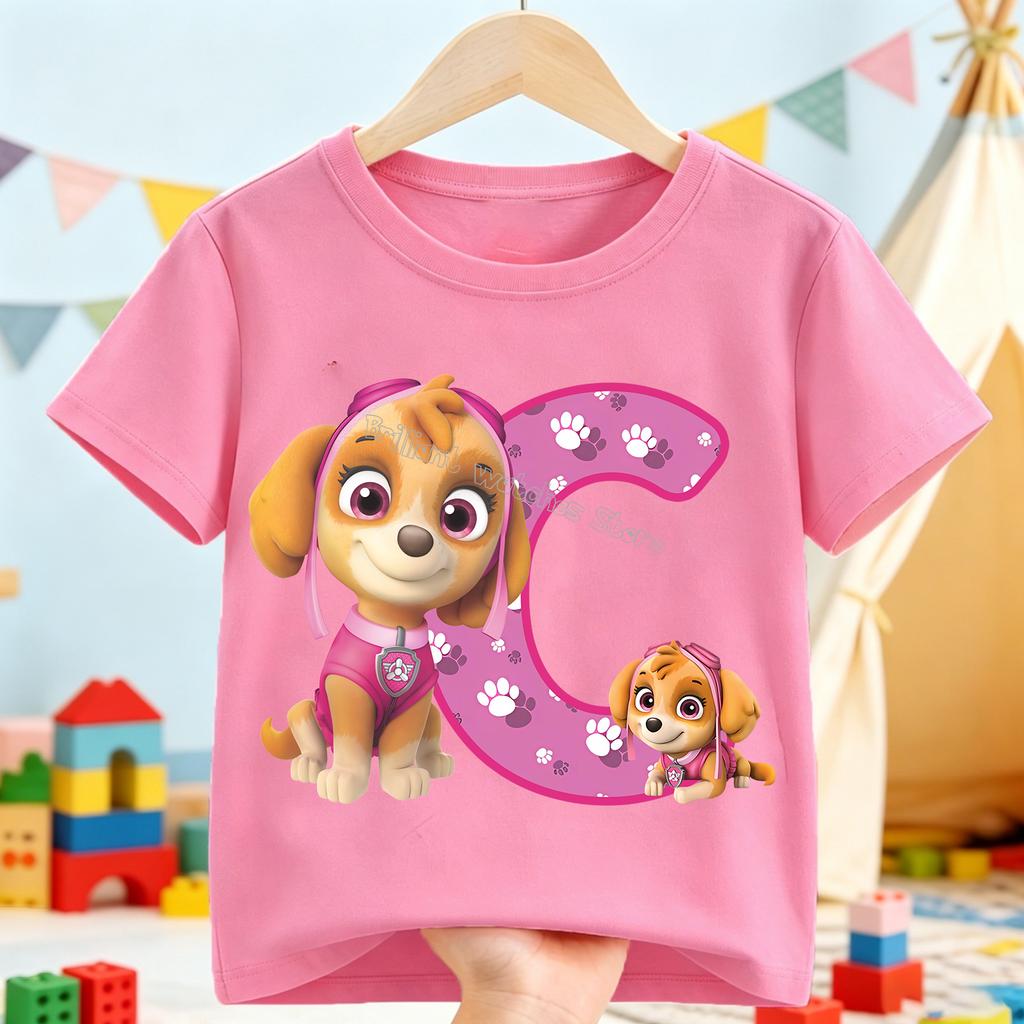 Paw Patrol Skye T-shirt for Children Cartoon A-Z Letter Tee Top Round Collar Clothing Girls Short Sleeve Kids Anime Clothes Gift
