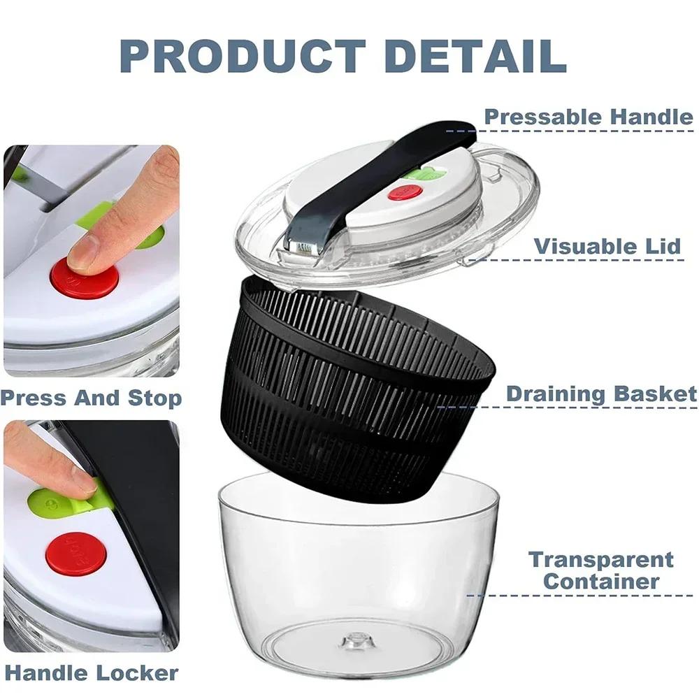 3L One-Handed Easy Press Salad Spinner Bowl with Lid Multifunctional Washer Dryer Drainer Kitchen Tool