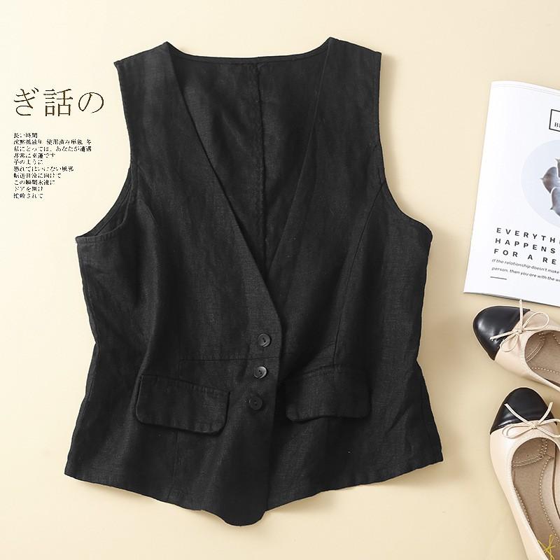 Vintage Vest Summer Deep V-Neck Solid Casual Sleeveless Tank Tops Cotton Linen Thin Outerwear Vest Coat