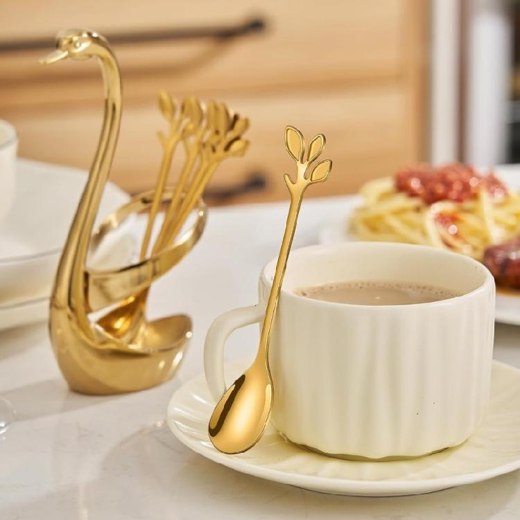 Rustproof Stainless Steel Ice Creams Spoon And Cocktails Fork Pack With Elegant Cygnet Stand Base For Gift