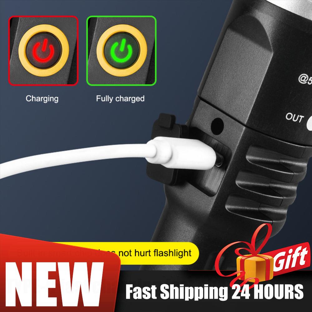 XPE+COB LED Camping Flashlight Telescopic Zoom Waterproof Hiking Flashlight Type-C USB Charging Camping Flashlight Torch Light