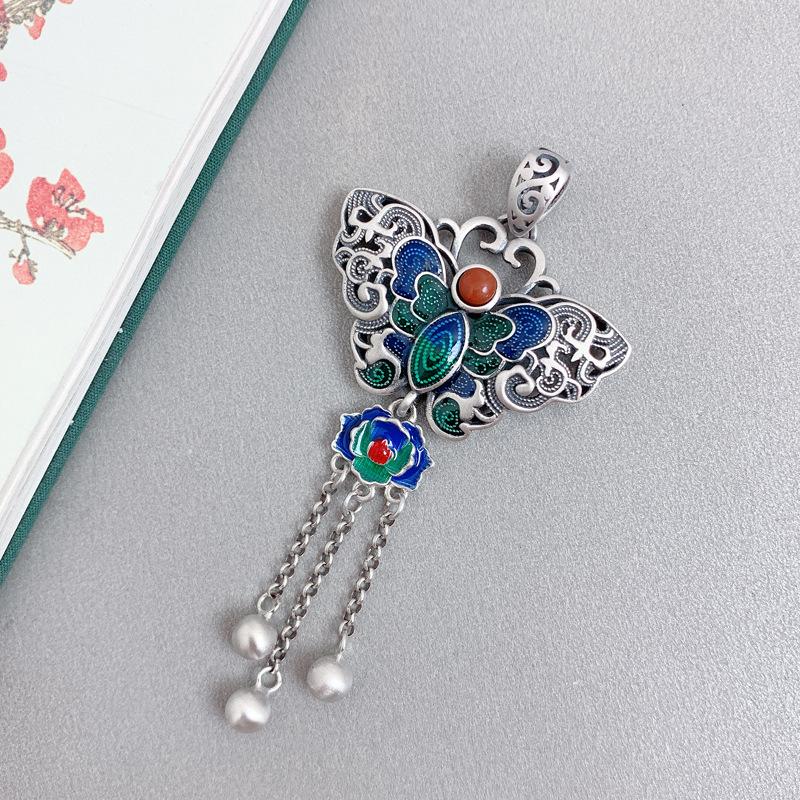 Exquisite Enamel Blue-green Butterfly Pendant Tassel Retro Ethnic Style Auspicious Cloud Necklaces Wedding Jewelry