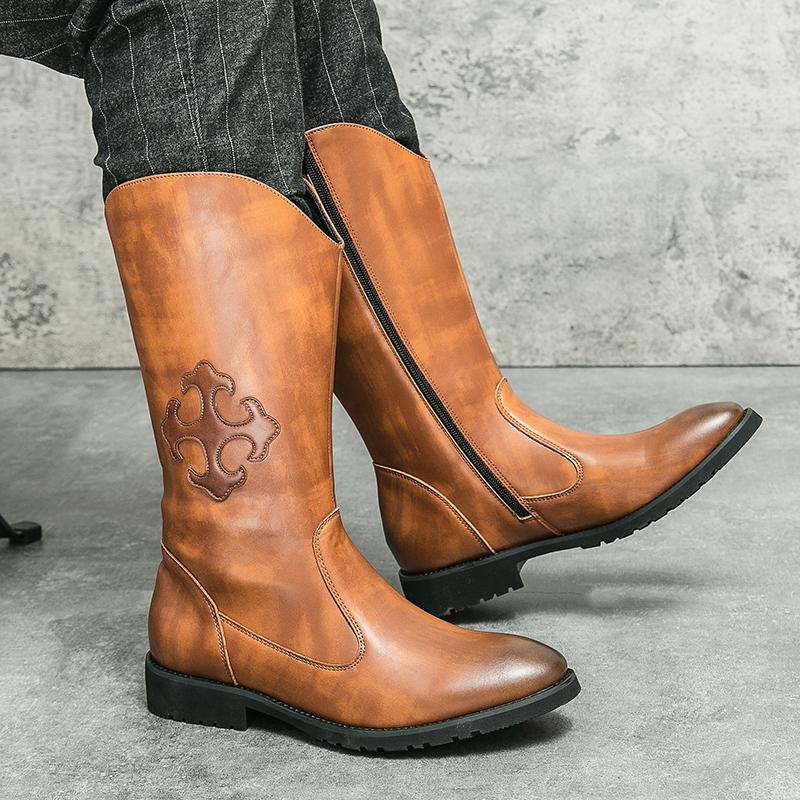 Høye menn, vestlige cowboystøvler, motorsykkel, fritidsstøvler, brune, punkstøvler i skinn Street Style, støvler i større størrelse