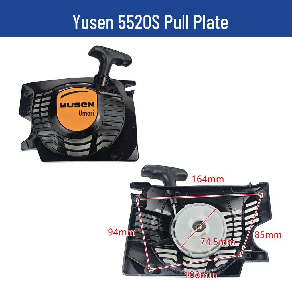 Yusen Chainsaw 5520 Parts: Cylinder, Carburetor, Clutch, Drive Disc, Pull Starter, Ignition Coil, Air Filter.