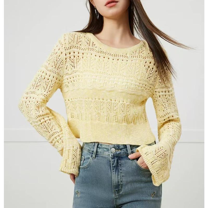 

Весенне-летняя защита от солнца тонкий вязаный свитер с длинными рукавами модный вязаный свитер с ажурным узором для женщин 3XL жёлтый