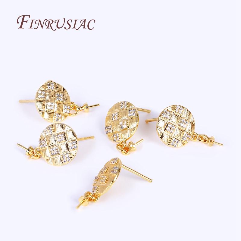 18K Real Gold Plated Zircon Inlaid Round Post Earring Findings Accessory With Pearl Pendant Mounting,DIY Earring Jewelry Making