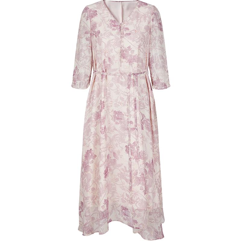 Annacoco Elegant Watercolor Floral Mulberry Silk Dress