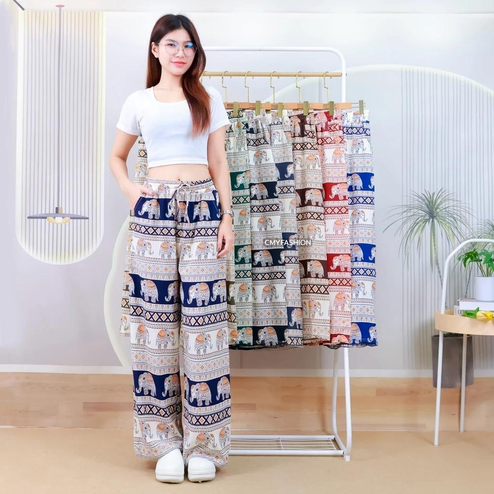 Long Elephant Pants Adjustable Elastic High Waistband Rope Women Men Unisex Print Thailand Casual Streetwear Beach Bohemian Retro Vintage