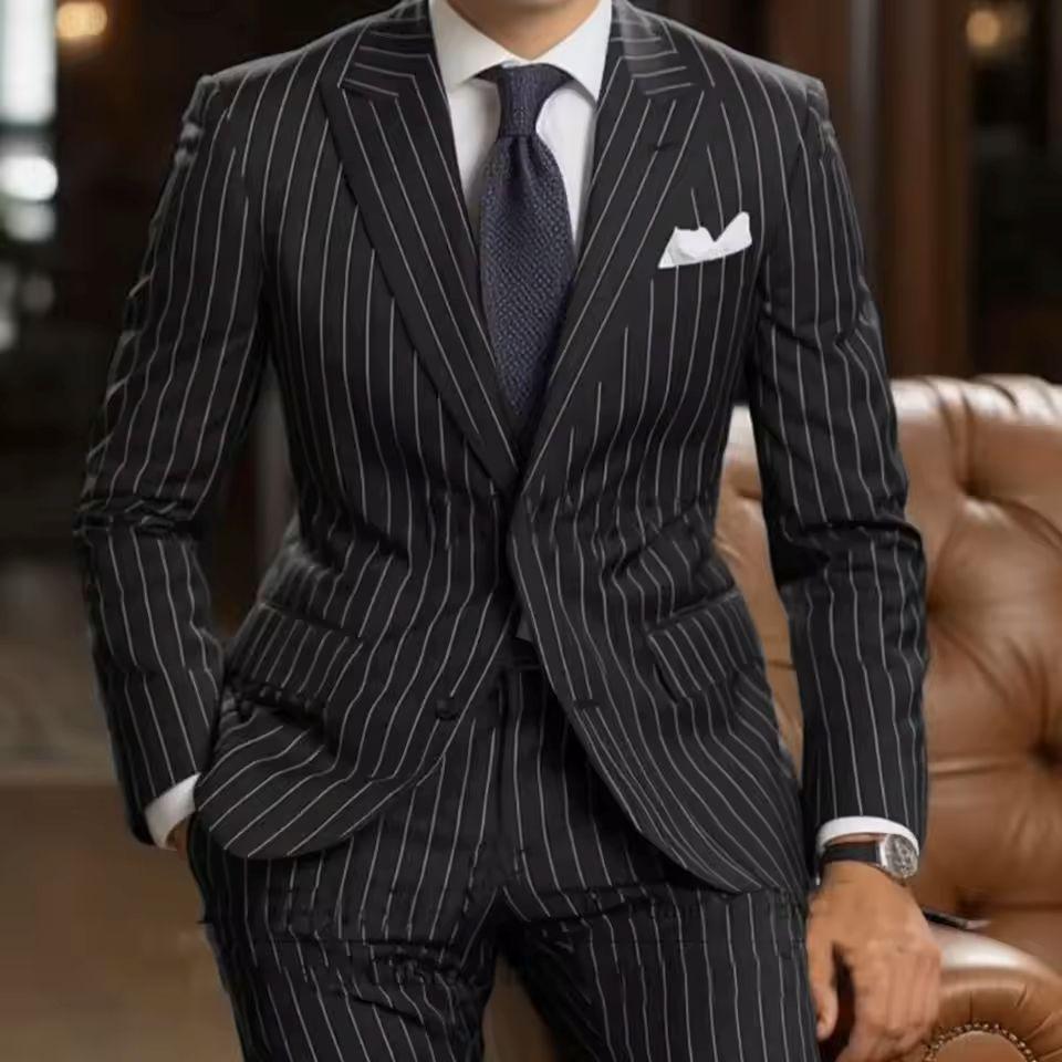 Fashion Double Breasted Peaked Lapel Blazer Royal Blue Striped Men's Suits Custom Wedding Tuxedos 2 Pieces Jacket Pants Outfits