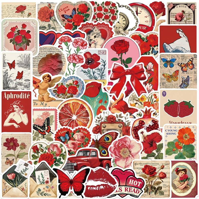 10/30/50PCS Vintage Red Sticky PVC Sticker Aesthetic Children's Stationery DIY Decoration Scrapbooking School Supplies