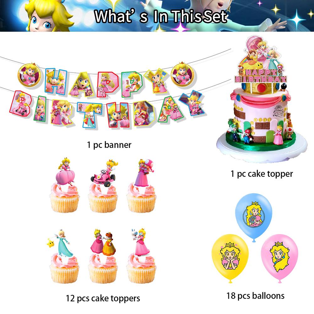 32PCS Princess Peach Birthday Party Supplies Includes Banner Cake Topper Balloon