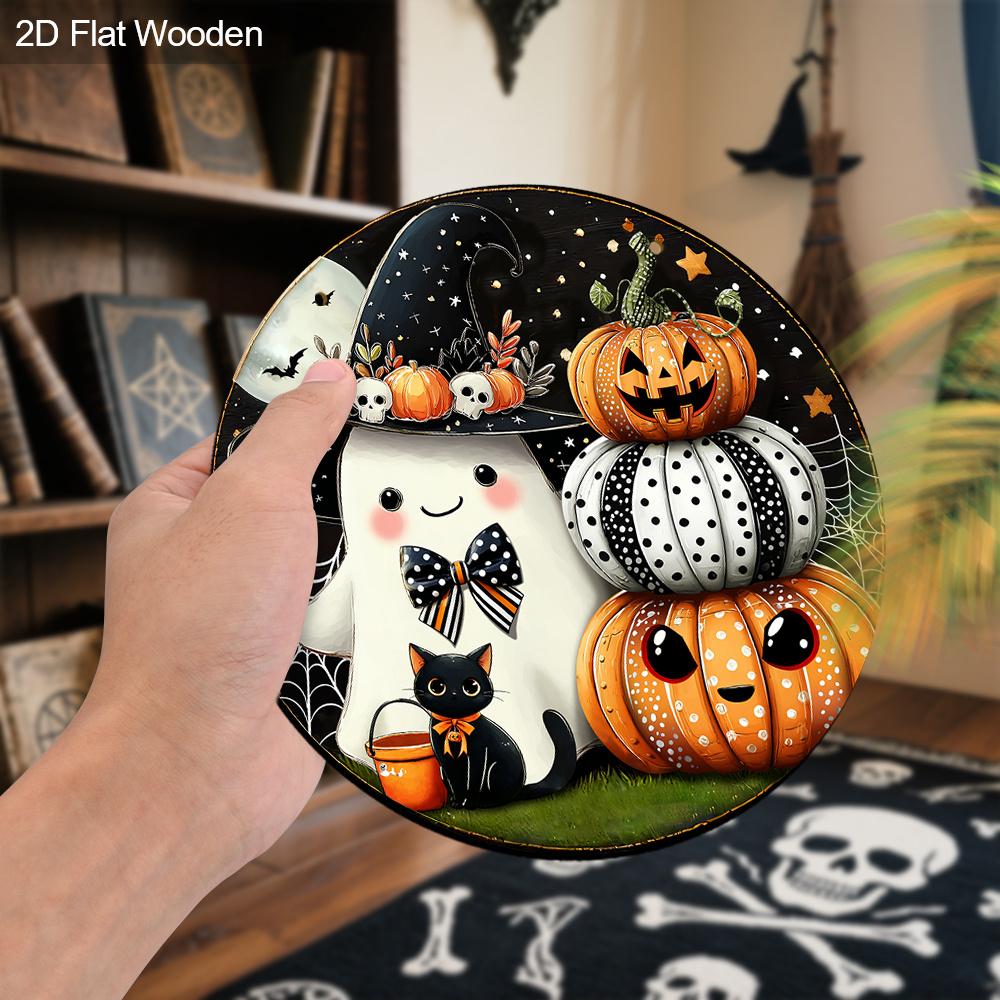Halloween Wooden Sign with Pumpkin & Ghost Pattern - Charming Decorative Sign and Plaques - Ideal Front Door Decor - Halloween Decor