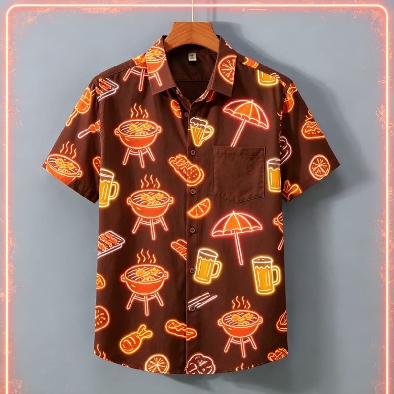 Herren Neon Print Hemd, Kurzarmhemd mit Taschen, Buntes Party-Atmosphäre Oberteil, Geeignet für den täglichen Gebrauch und den Urlaub