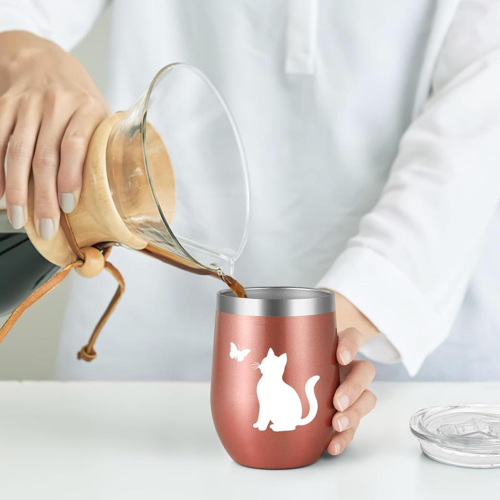 Livole Cat Gift for 350ml Stainless Steel Tumbler with Lid and Perfect for Day or Retirement Women, Straw, Insulated, Mother's (Rose Gold)