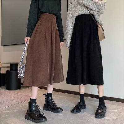 Autumn Winter Women's Corduroy Midi Skirts Vintage Brown Black High Waist A-line Skirts Female Fashion Long Skirt