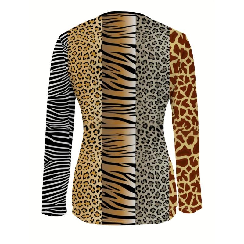 Tiger Print Leopard Print Zipper T-shirt, Casual Long-sleeved Top Suitable for Spring and Autumn, Suitable for Home and Outdoor Wear