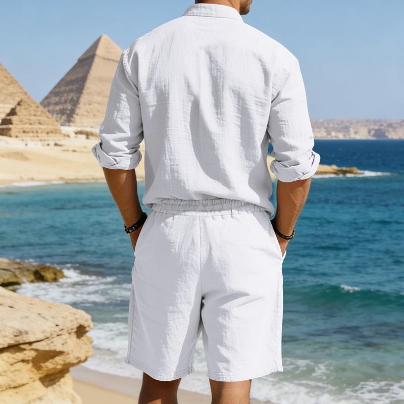 Mens American Style Casual Loose Long Sleeve Shirt And Shorts Set