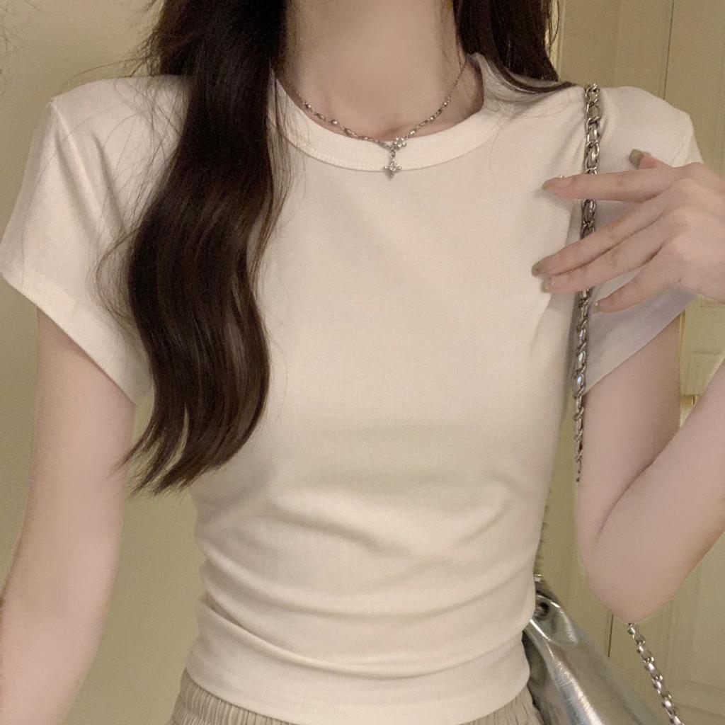 Forward Shoulder Round Neck Short-sleeved T-shirt for Women In Women's Summer New Solid Color Slim Short Hot Girl T-shirt Underwear Top for Women