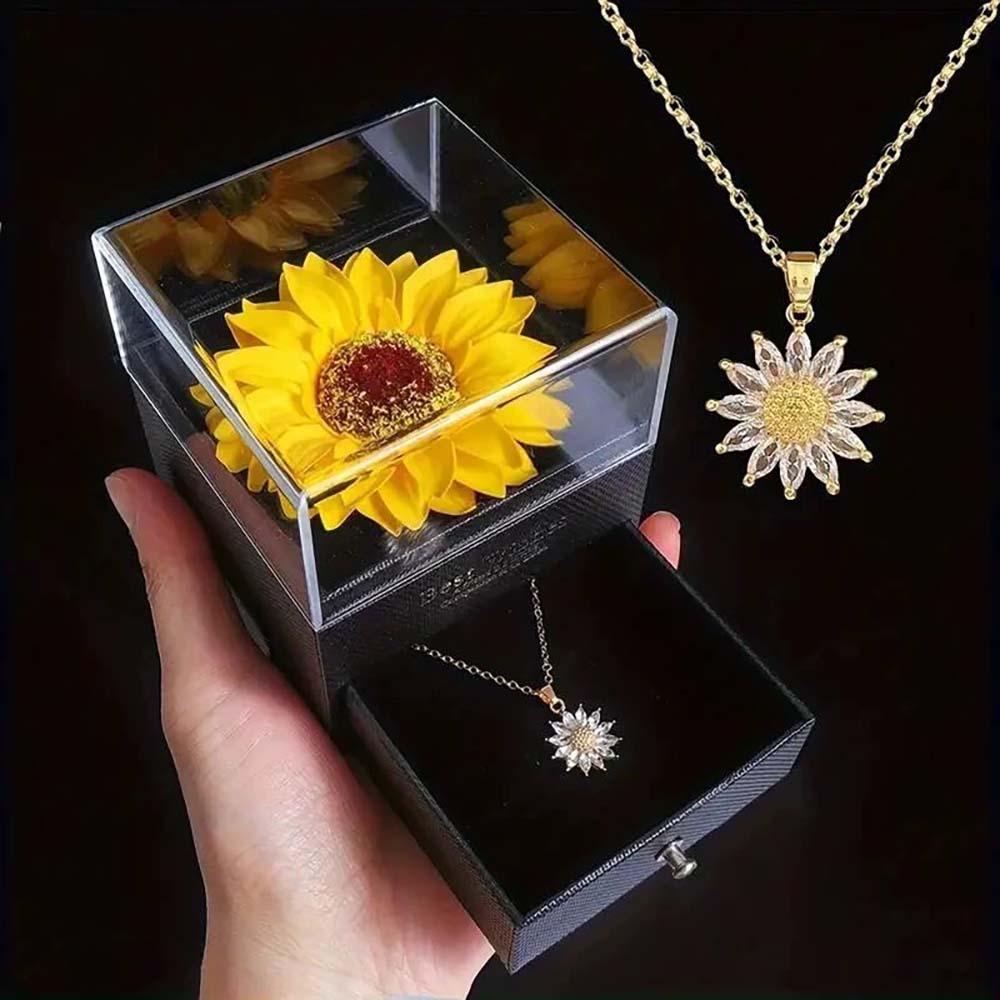Dainty Stainless Steel Necklace Plated Zircon Daisy Sunflower Pendant Necklace with Sunflower Gift Box For Women Girls Jewelry