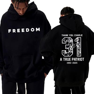 Herbst/Winter Charlie Kirk Freedom Quotes 31 Grafik-Hoodie bedruckt Herren Damen Vintage Fleece Pullover Unisex Freizeit-Sweatshirt