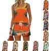 Women's Summer Casual Shorts Two-Piece Set, Hawaiian Print Vest, Square Neck Sleeveless Sports Shirt with Pockets