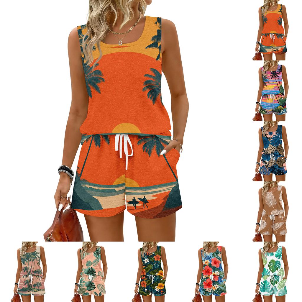 Women's Summer Casual Shorts Two-Piece Set, Hawaiian Print Vest, Square Neck Sleeveless Sports Shirt with Pockets