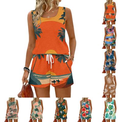 Women's Summer Casual Shorts Two-Piece Set, Hawaiian Print Vest, Square Neck Sleeveless Sports Shirt with Pockets