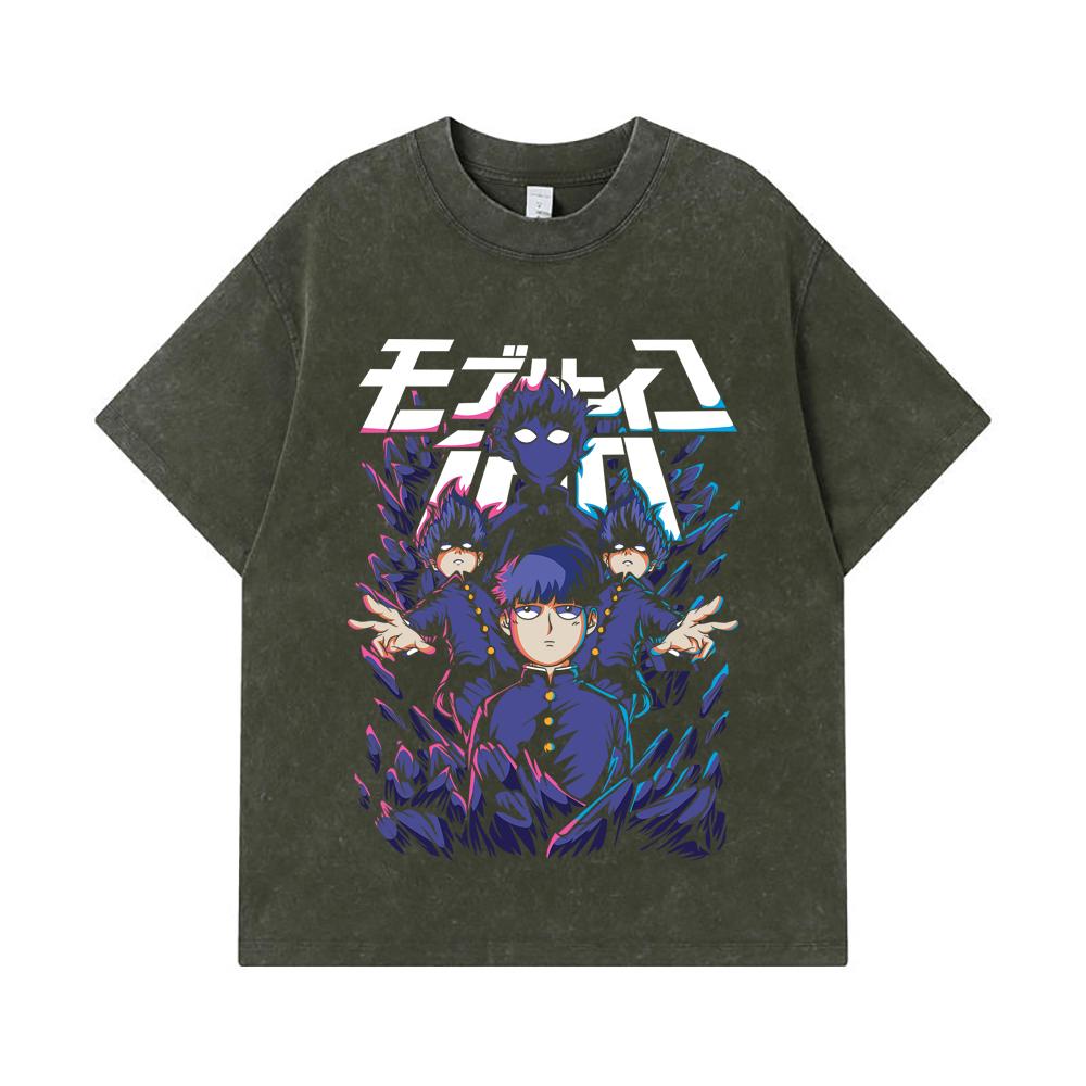 275 GSM Washed T-shirts 100% Cotton Mob Psycho 100 V1 Shiego Print Unisex Heavy Cotton T Shirt S армия зеленый