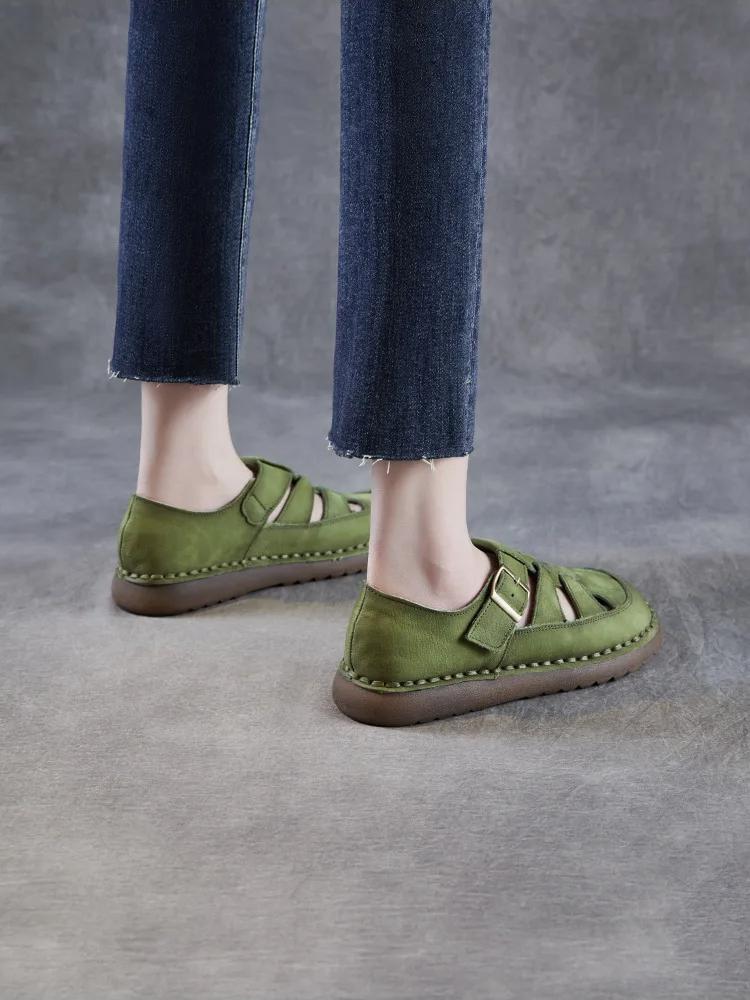 Johnature Genuine Leather Retro Round Toe Sandals Hollow-out Breathable Versatile Women's Flat Shoes