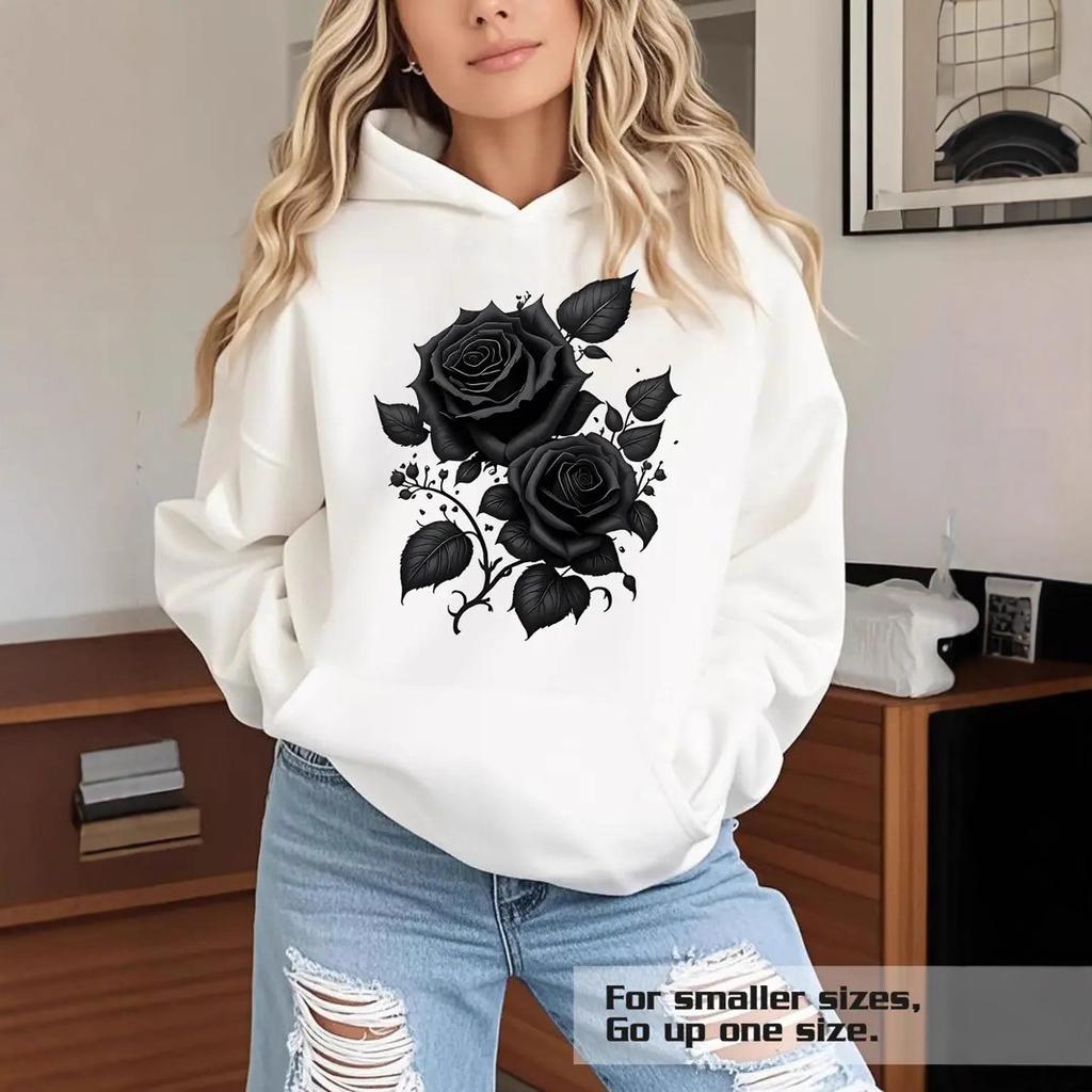 Ladies Spring Autumn Casual Hooded Long Sleeve Big Pocket Rose Flower Printed Pullover Hoodies Sweatshirt Top