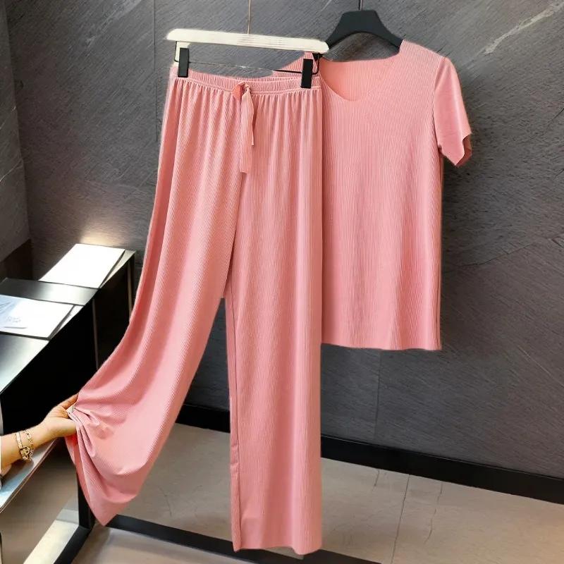 Sommer Koreanische Version des Dünnen Kurzarm-Anzugs Damen Eisseide Lässiger Zweiteiler Kurzarm-T-Shirt Kühle Hose