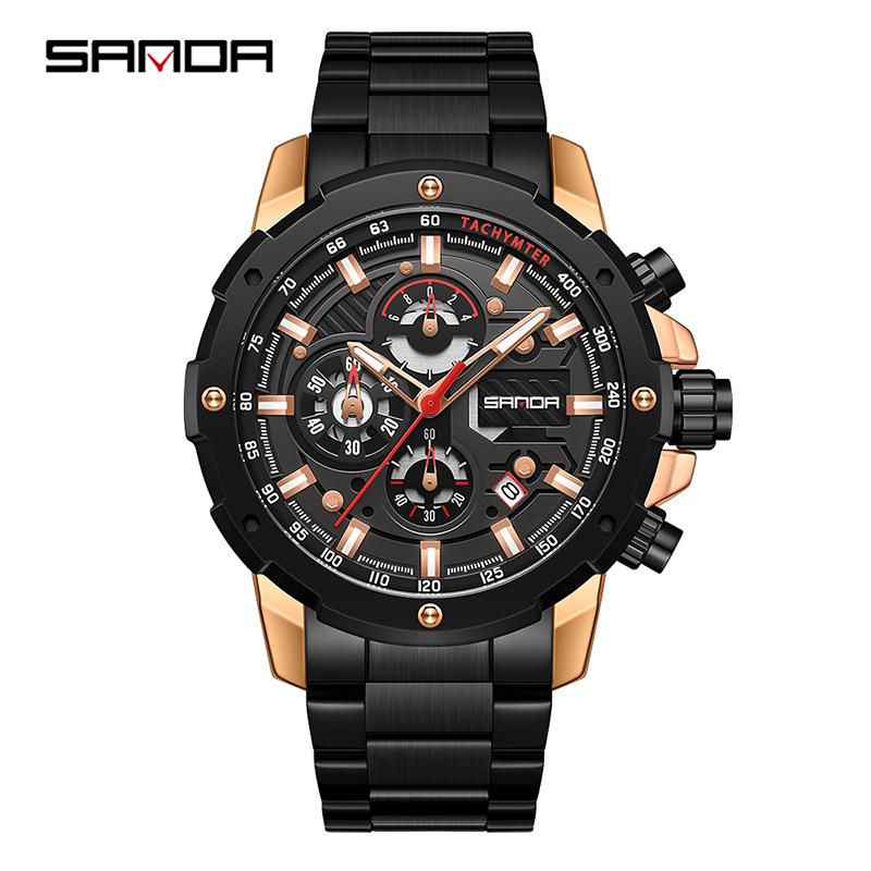 SANDA Men's Quartz Waterproof Watch with Calendar, Simple Design, Three Dials, Six Hands, and Steel Strap.