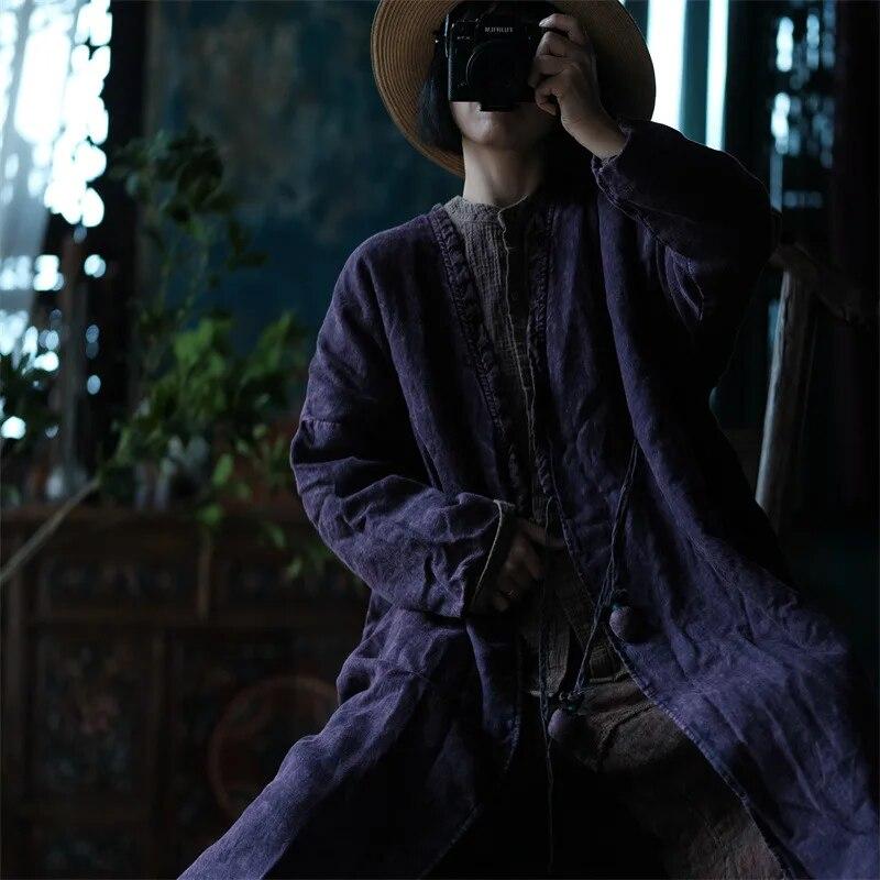 Johnature Women Vintage Linen Winter Parkas Single Button Purple V-Neck  Warm Plus Cotton Coats Chinese Style Parkas