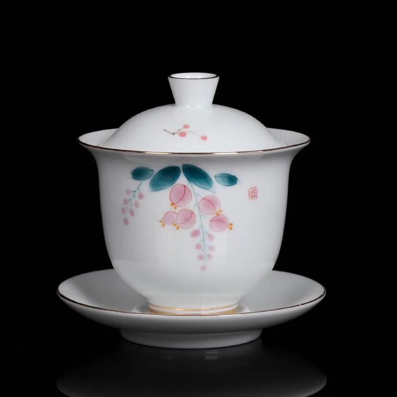 High Quality White Porcelain Gaiwan Portable Ceramic Tea Set Chinese Hand Painted Tea Bowl Tea Ceremony Accessories 170ml