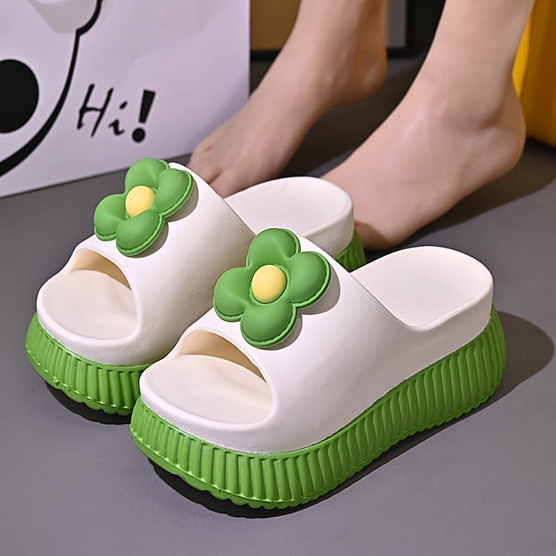 2024 Green Flower High Platform Slippers Women's Anti Odor Summer Slide Shoes College Student Gilrs Increased Slipper Mules Shoe